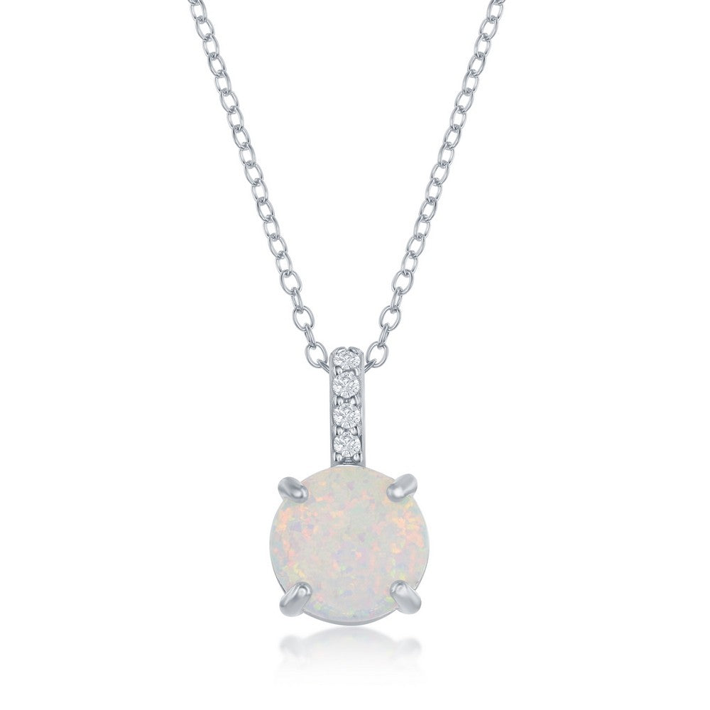 Sterling Silver Prong Round White Opal With CZ Pendant