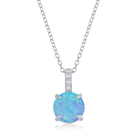 Sterling Silver Prong Round Blue Opal With CZ Pendant