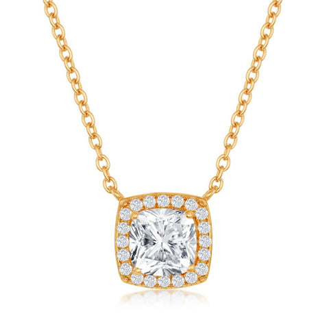 Sterling Silver Princess-Cut with CZ Border Necklace - Gold Plated