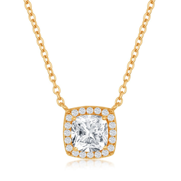 Sterling Silver Princess-Cut with CZ Border Necklace - Gold Plated