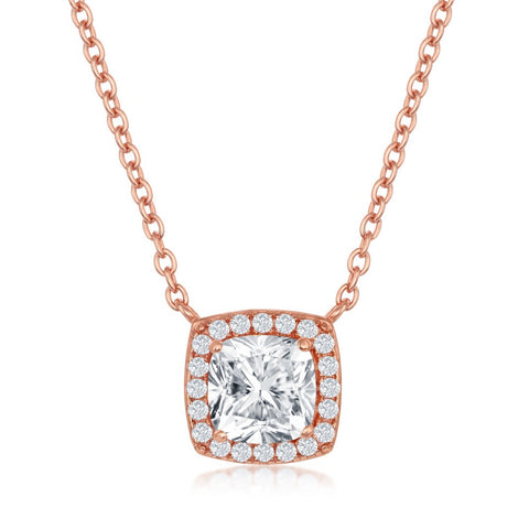 Sterling Silver Princess-Cut with CZ Border Necklace - Rose Gold Plated