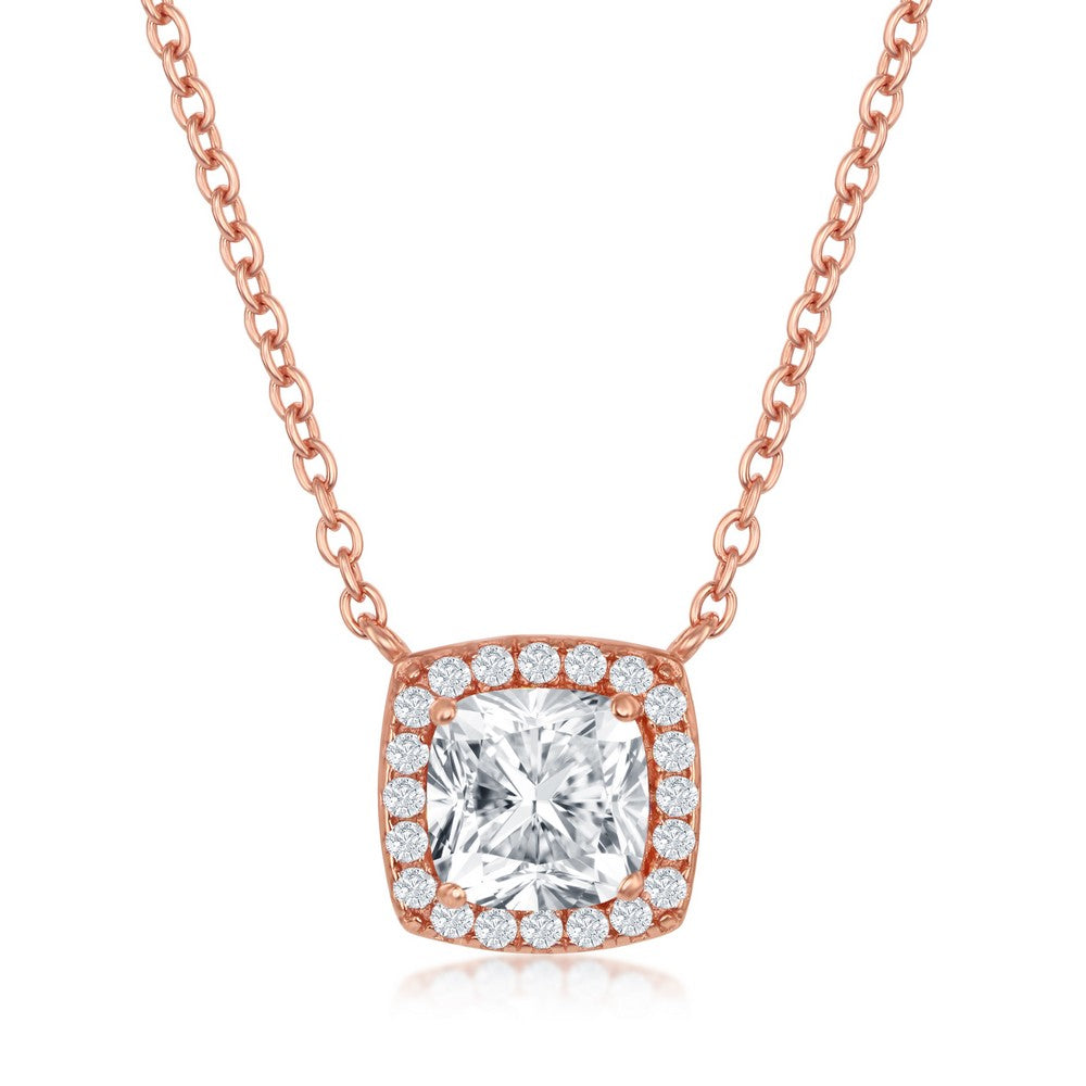 Sterling Silver Princess-Cut with CZ Border Necklace - Rose Gold Plated