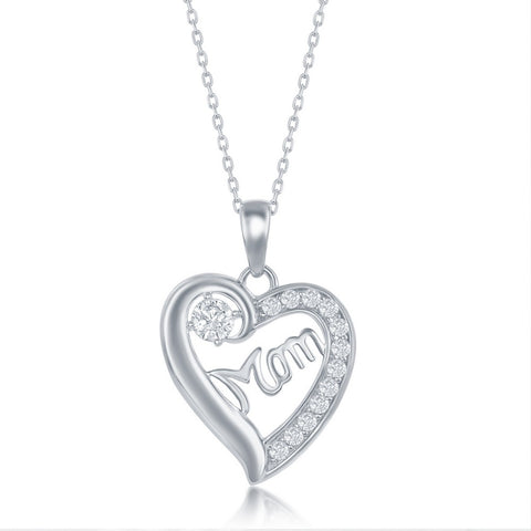 Sterling Silver 'Mom' CZ Heart Necklace