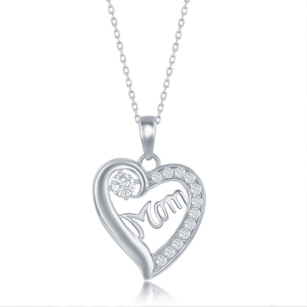Sterling Silver 'Mom' CZ Heart Necklace