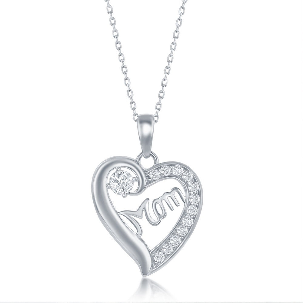 Sterling Silver 'Mom' CZ Heart Necklace
