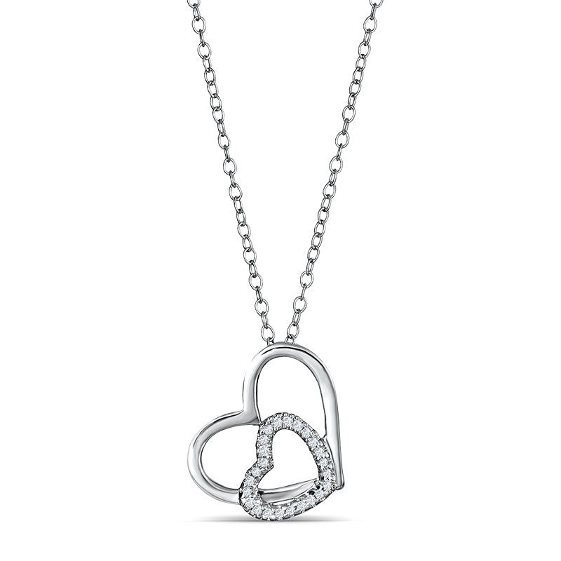 Sterling Silver Double Heart Pendant with Diamonds