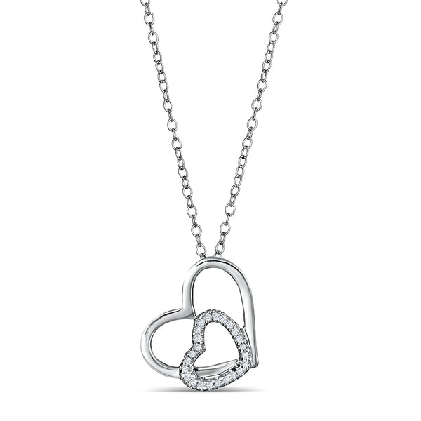 Sterling Silver Double Heart Pendant with Diamonds