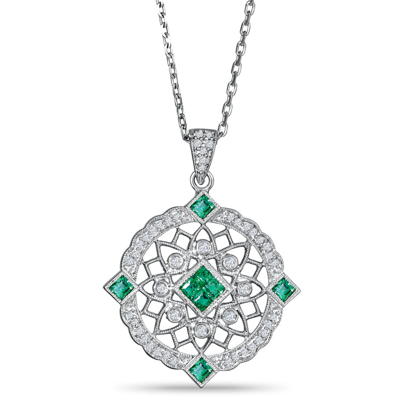 Sterling Silver Vintage Style Pendant with Emerald and Diamond