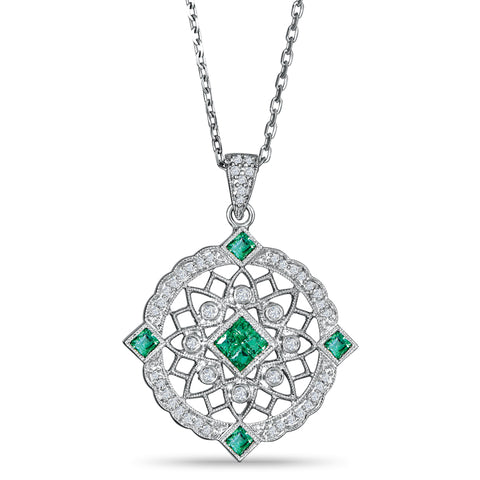 Sterling Silver Vintage Style Pendant with Emerald and Diamond