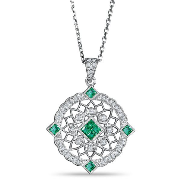 Sterling Silver Vintage Style Pendant with Emerald and Diamond
