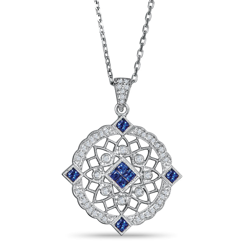 Sterling Silver Vintage Style Pendant with Sapphires and Diamond