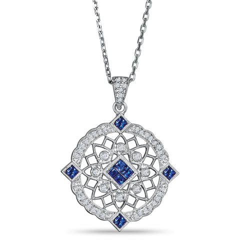 Sterling Silver Vintage Style Pendant with Sapphires and Diamond
