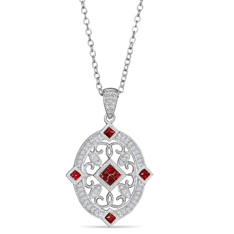 Sterling Silver Vintage Style Necklace with Ruby and Diamond