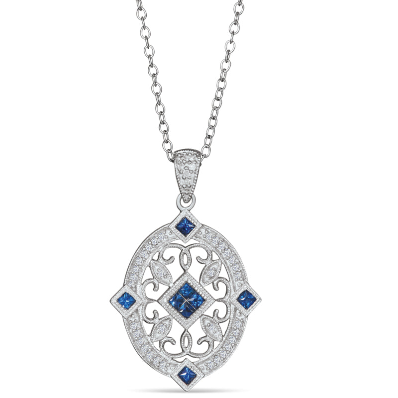 Sterling Silver Vintage Style Pendant with Sapphire and Diamond