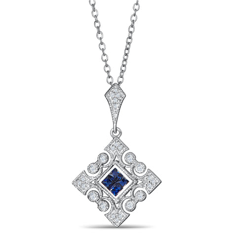 Sterling Silver Vintage Style Pendant with Sapphire and Diamond