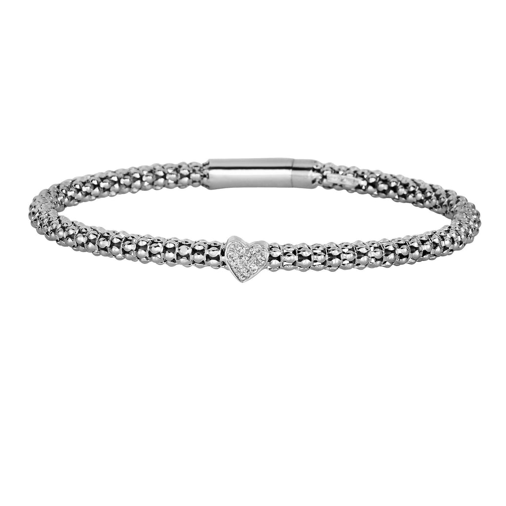 Silver 7.25 incheswith Rhodium Finish 3mm Popcorn Bangle with 0.08ct.Diamond Cluster 4mm Heart Element with Box Clasp