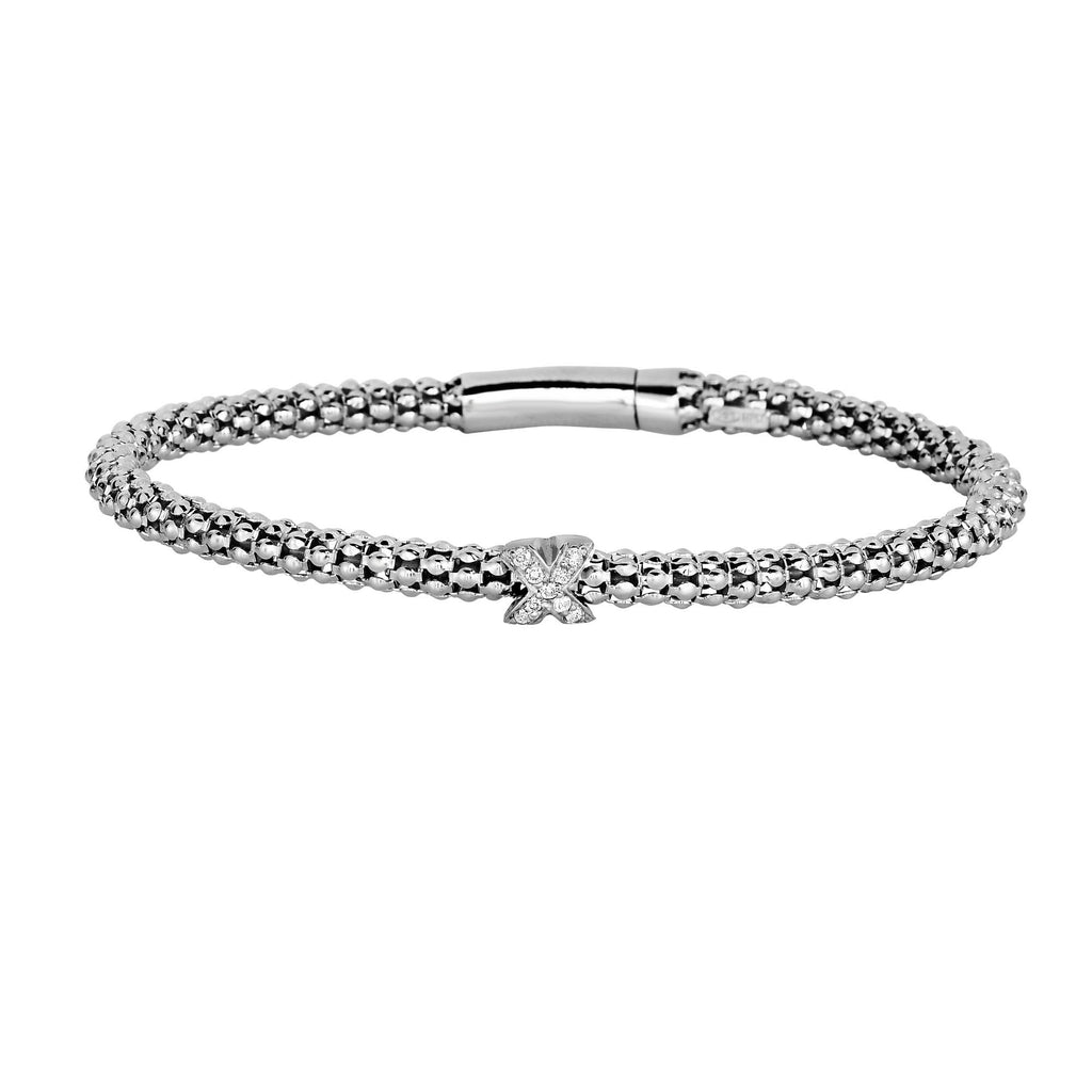 Silver 7.25 inches with Rhodium Finish 3mm Popcorn Bangle with 0.09ct.Diamond Cluster 4mm  inchesX inches Element with Box Clasp