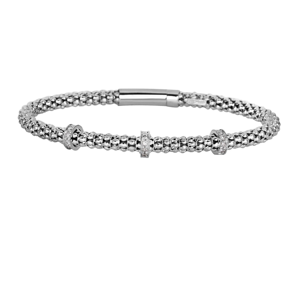 Silver 7.25 inches Rhodium Finish Shiny 4.2mm Popcorn Br acelet with 3-Diamond Stations 0.135ct. with Box Clasp