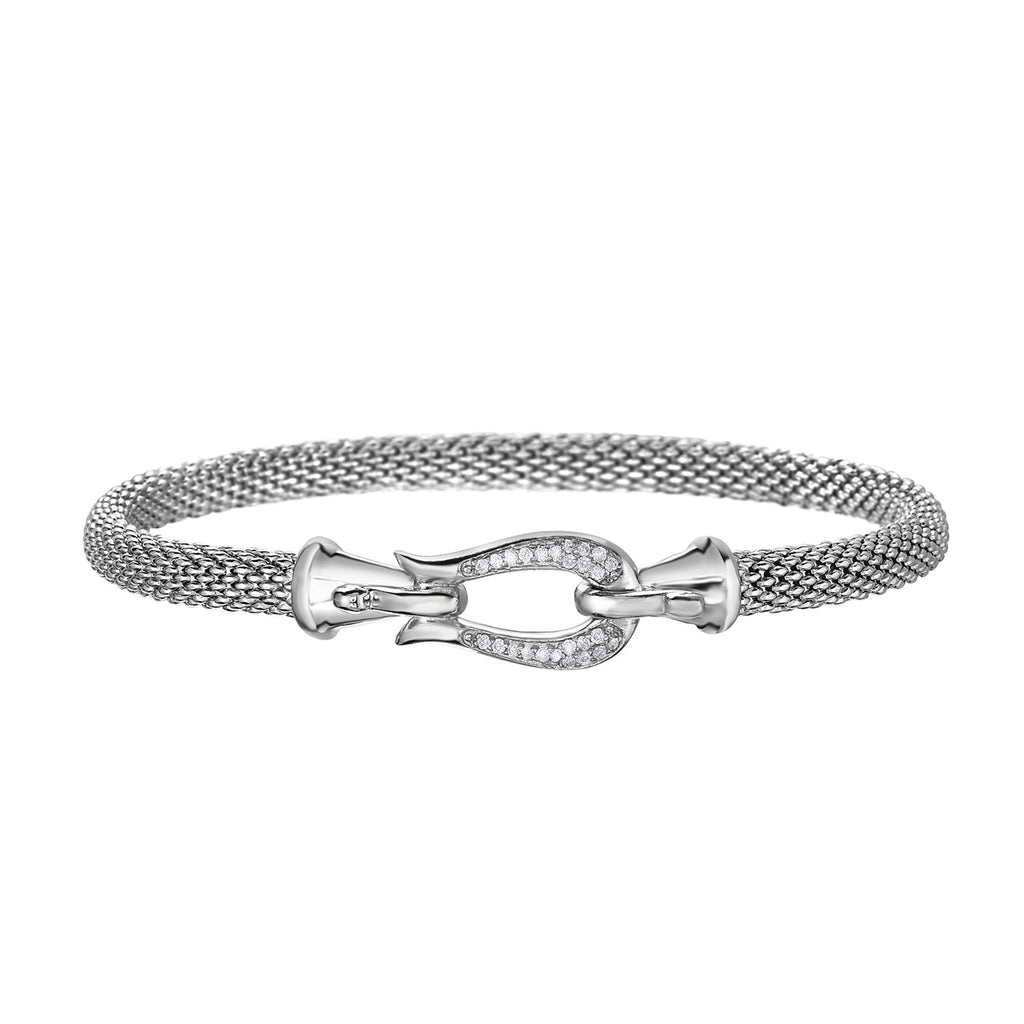 Sterling Silver 7.25 inches with Rhodium Finish 4.7mm Shiny Tube Popcorn Bangle with Hook Clasp+0.1300ct White Diamond