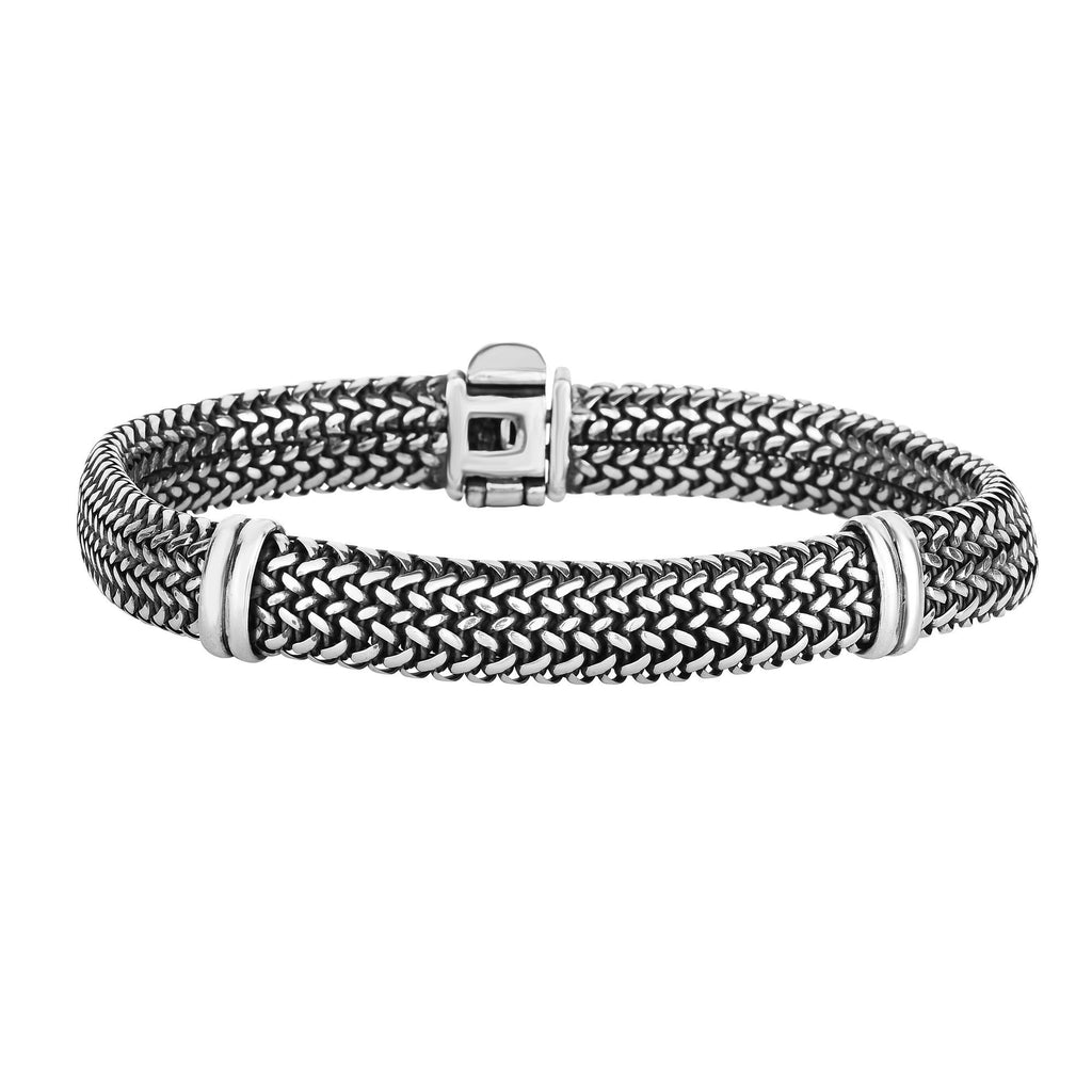 Silver 7.25 inches with Oxidized Finish 9mm Domed Woven Bracelet with Bar Station Element with Snap Clasp