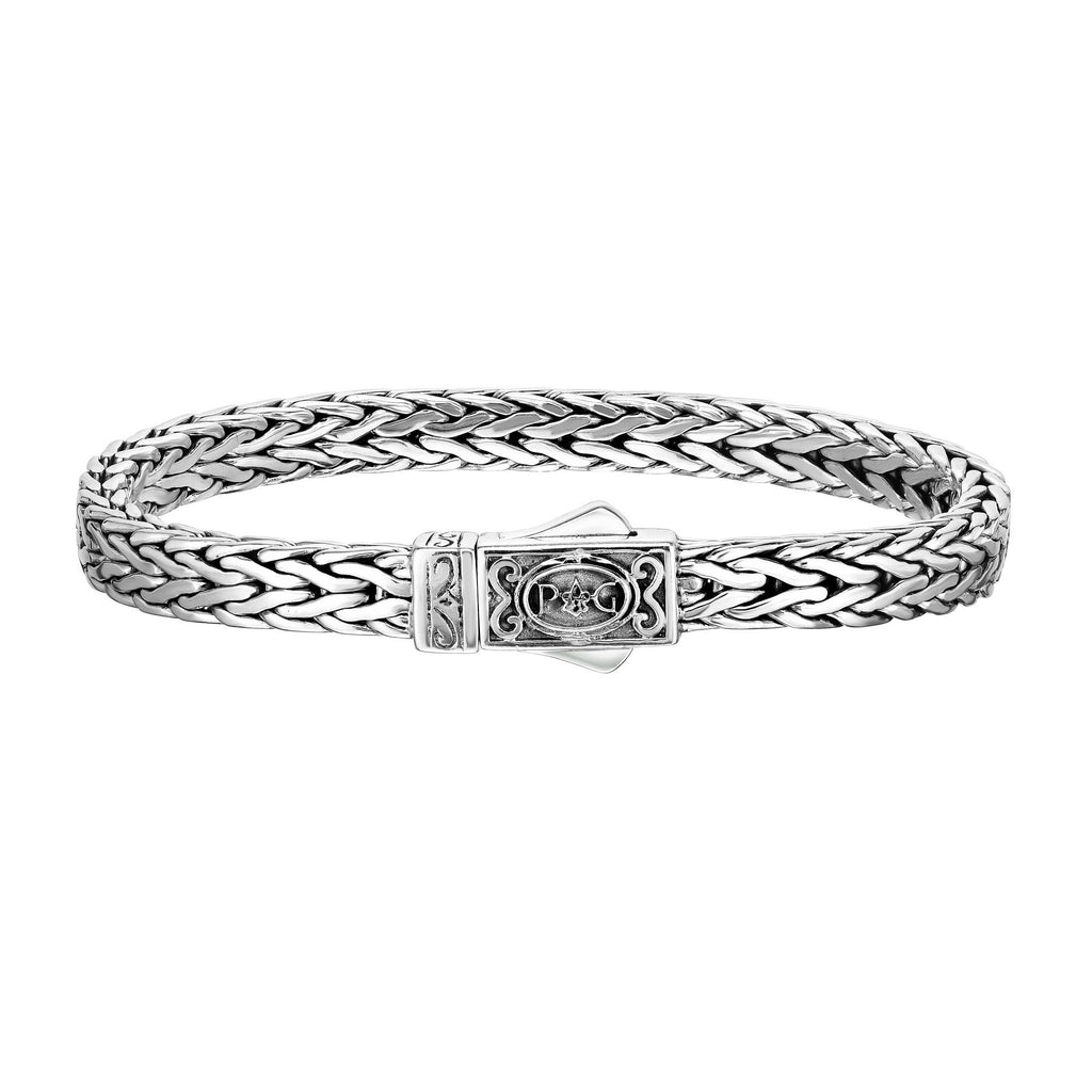 Sterling Silver 7.5 inches with Oxidized+Rhodium Finish 4x7mm Shiny Square Woven Bracelet with Box Clasp