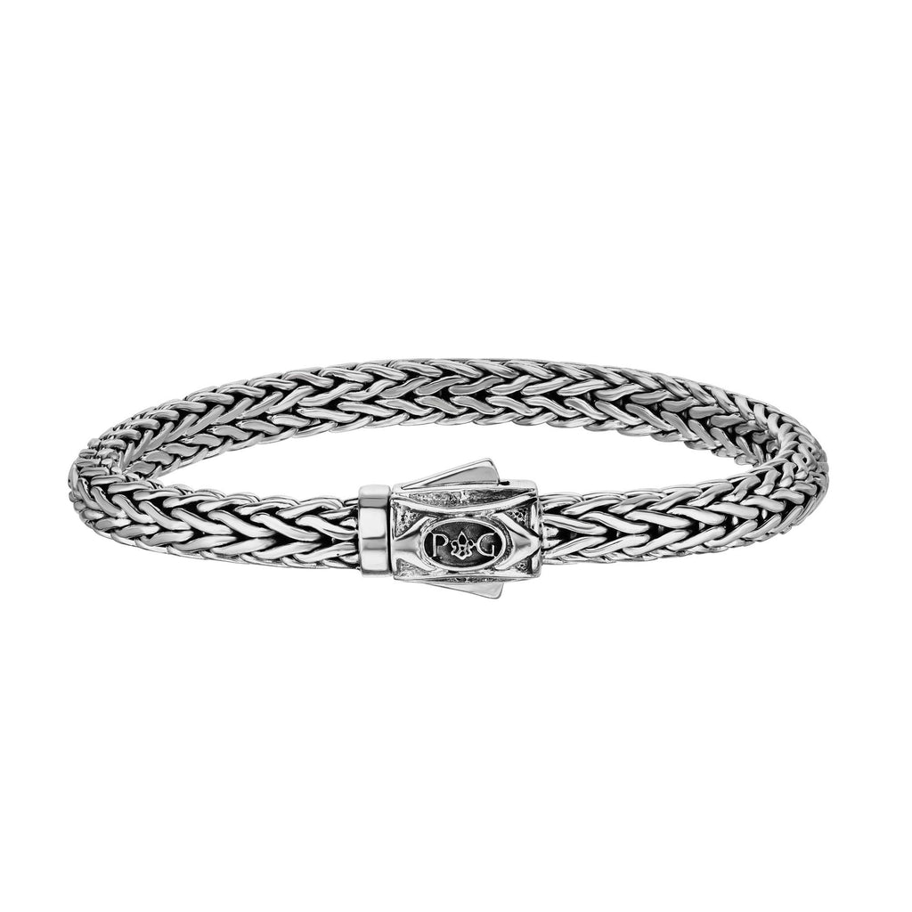 Sterling Silver 7 inches with Oxidized+Rhodium Finish 4x7mm Shiny Dome Woven Bracelet with Box Clasp
