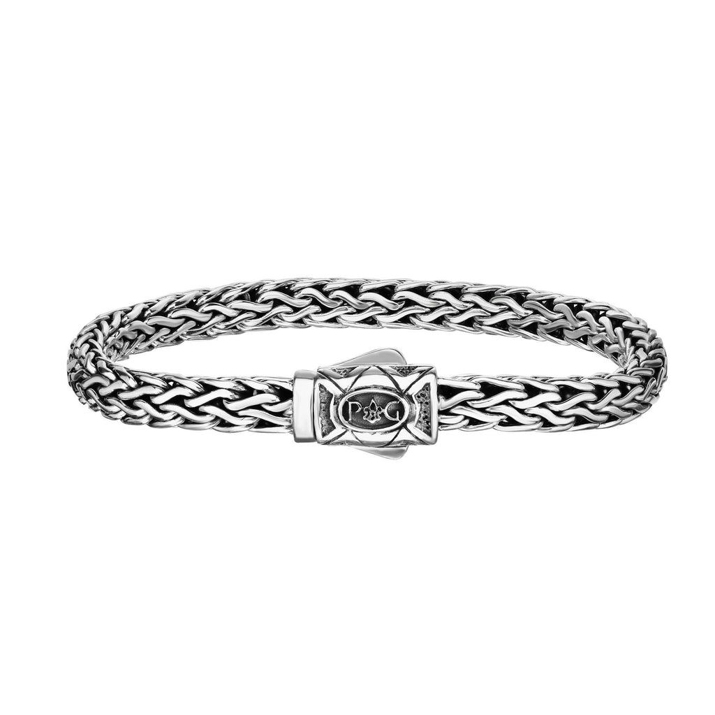 Sterling Silver 7.5 inches with Oxidized+Rhodium Finish 7mm Shiny Dome Woven Bracelet with Box Clasp