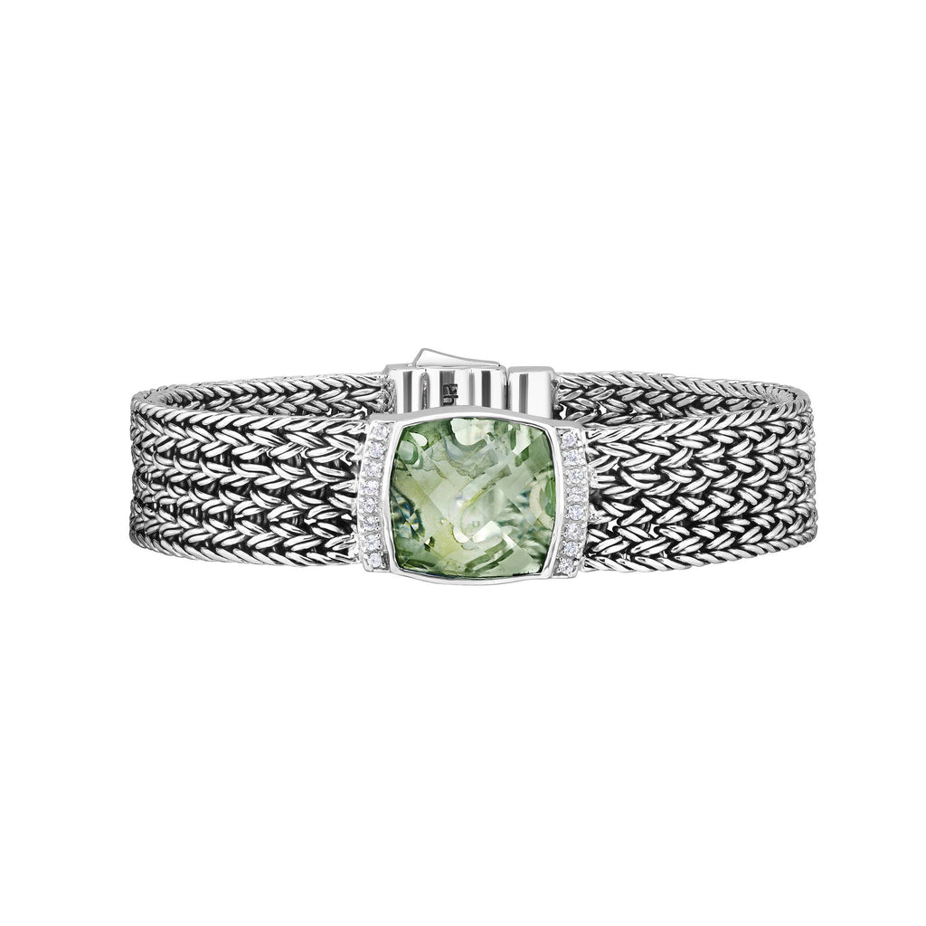 Sterling Silver 7.25 inches with Rhodium Finish 2x15mm Shiny Square Woven Bracelet with Box Clasp+14.0200ct 16x16mm Cushion Briolette Green Amethyst+0.2400ct 1.5mm Round White Sapphire