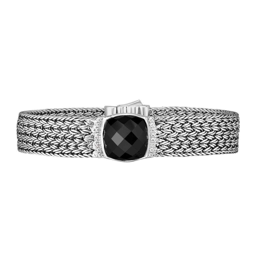 Sterling Silver 7.25 inches with Rhodium Finish 2x15mm Shiny Square Woven Bracelet with Box Clasp+14.2000ct 16x16mm Cushion Briolette Black Onyx+0.2400ct 1.5mm Round White Sapphire