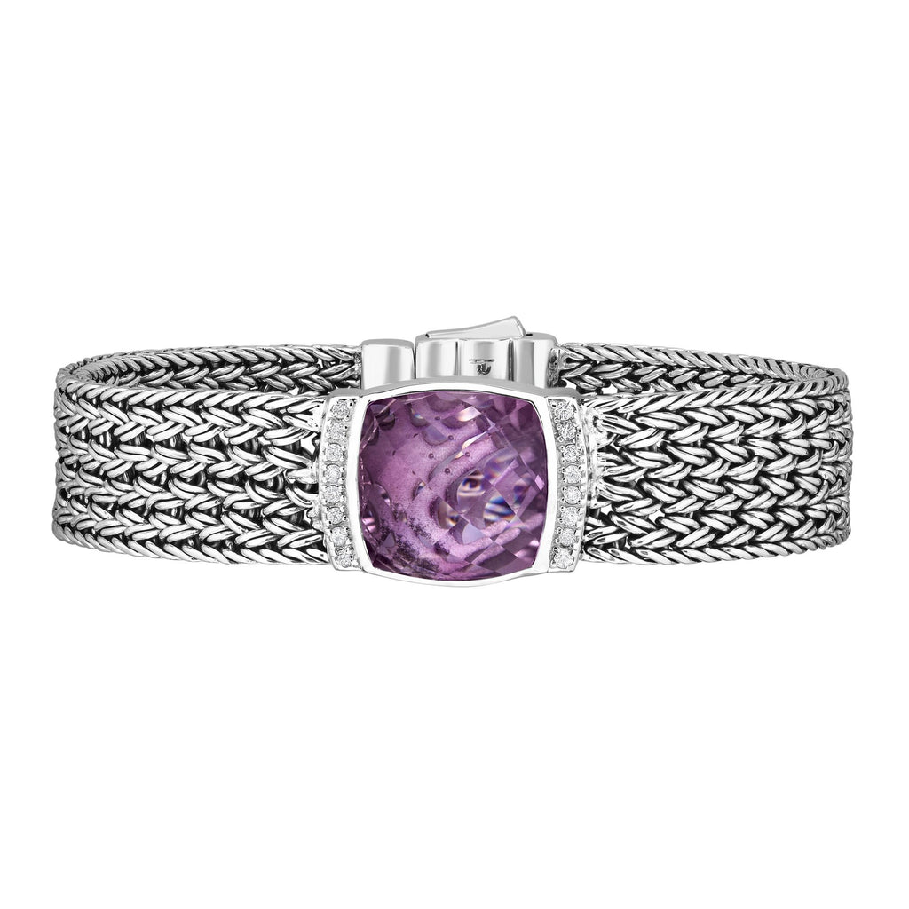 Sterling Silver 7.25 inches with Rhodium Finish 14mm Textured Flat Woven Bracelet with Box Clasp+13.8000ct 16x16mm Cushion Pink Amethyst+0.2400ct 1.5mm Round White Sapphire
