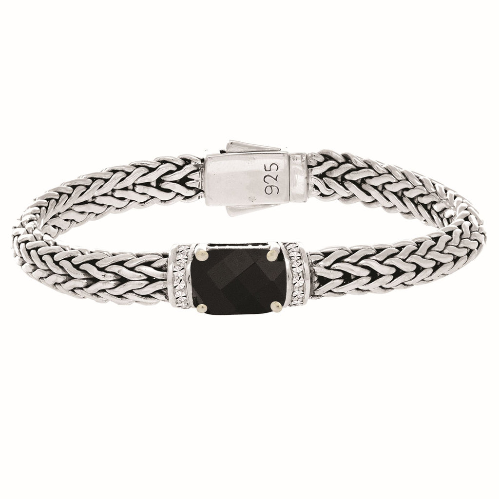 Sterling Silver 7.5 inches 7x14mm Dome Weave Bracelet with 9x11 Faceted Black Onyx+1.6 mm White Sapphire