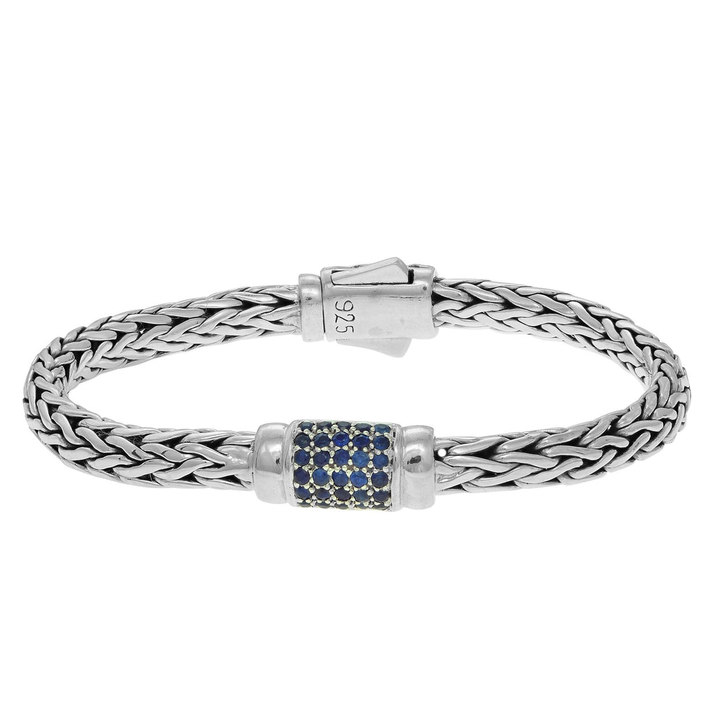 Sterling Silver 7.5 inches 4x6mm Oval Weave Bracelet with Round Faceted 1.5mm Blue Sap phire Grid