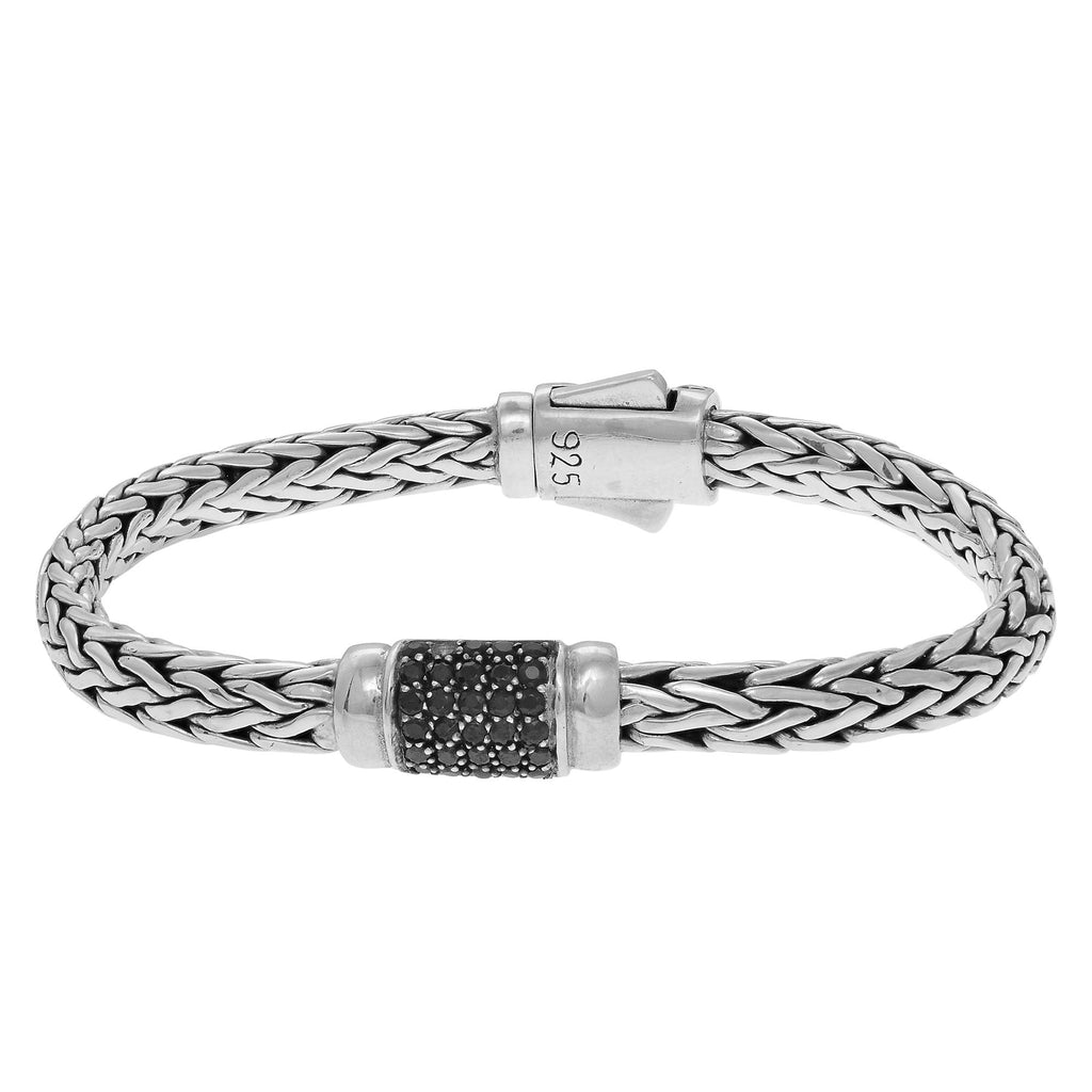 Sterling Silver 7.5 inches 4x6mm Oval Weave Bracelet with Round Faceted 1.5mm Black Sa pphire Grid
