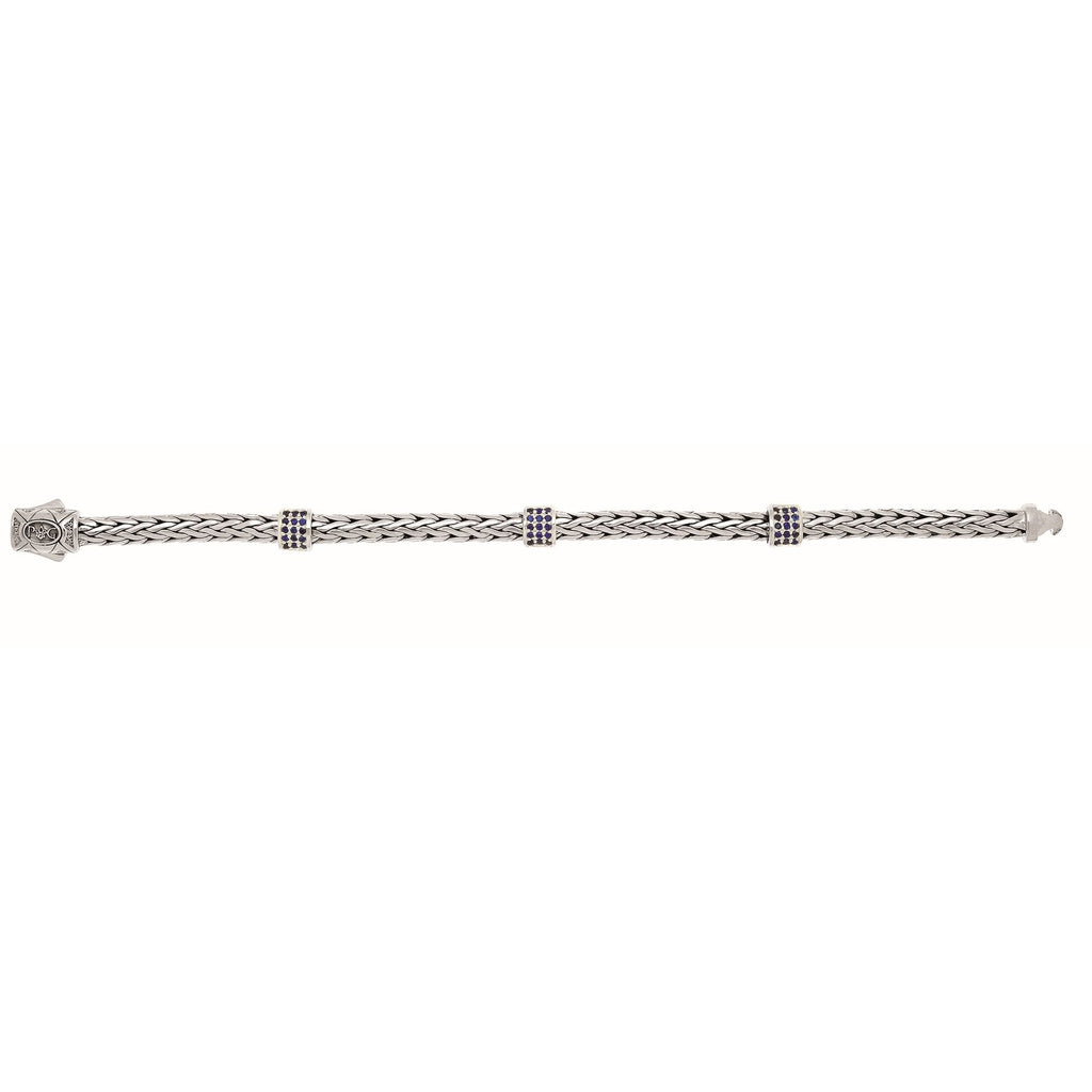 Silver 7.25 inches 4x6mm Oval Weave Bracelet with 3-Stations of Round Faceted 1.4mm Blue Sapphire Cluster+Box Clasp
