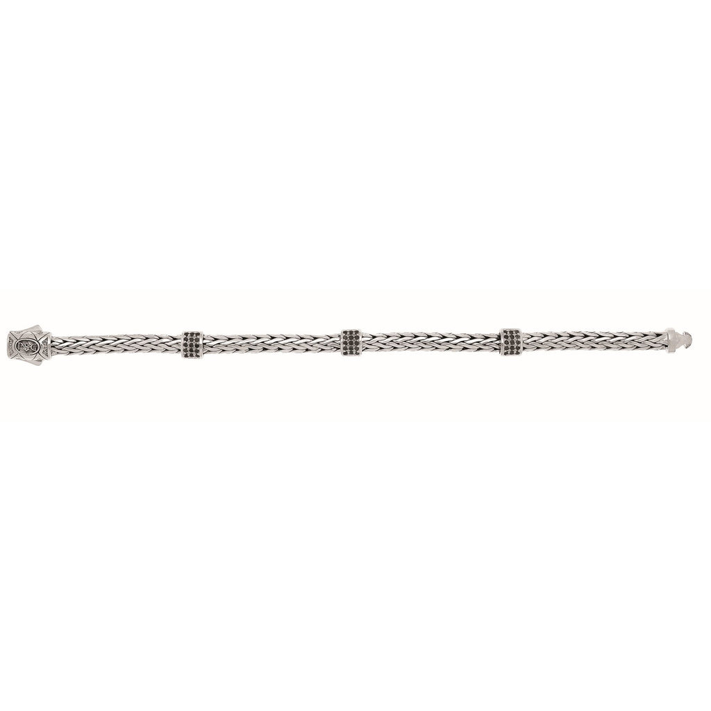 Sterling Silver 7.25 inches 4x6mm Oval Weave Bracelet with 3-Stations of Round Faceted 1.4mm Black Sapphire Cluster+Box Clasp