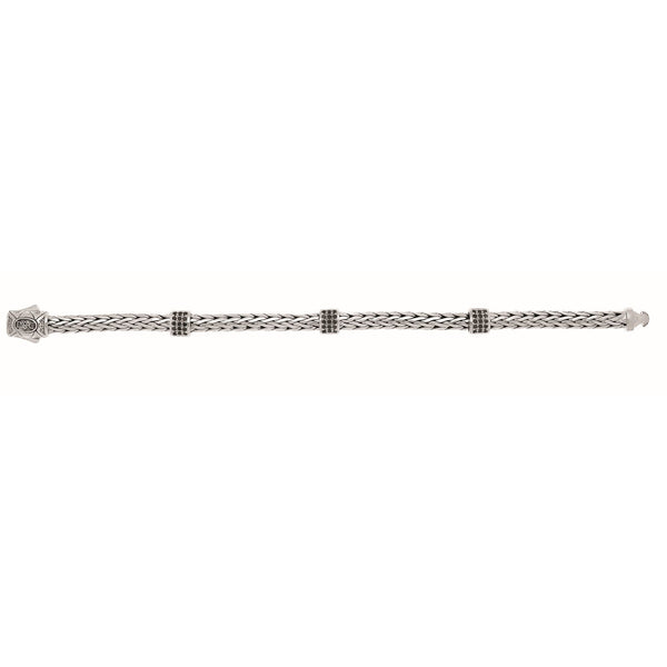 Sterling Silver 7.25 inches 4x6mm Oval Weave Bracelet with 3-Stations of Round Faceted 1.4mm Black Sapphire Cluster+Box Clasp