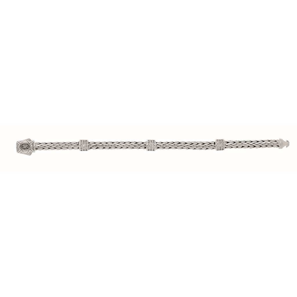 Sterling Silver 7.25 inches 4x6mm Oval Weave Bracelet with 3-Stations of Round Faceted 1.4mm White Sapphire Cluster+Box Clasp