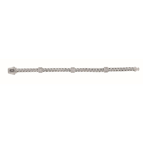 Sterling Silver 7.25 inches 4x6mm Oval Weave Bracelet with 3-Stations of Round Faceted 1.4mm White Sapphire Cluster+Box Clasp