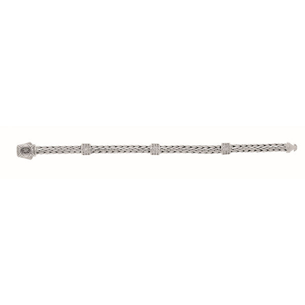 Sterling Silver 7.25 inches 4x6mm Oval Weave Bracelet with 3-Stations of Round Faceted 1.4mm White Sapphire Cluster+Box Clasp