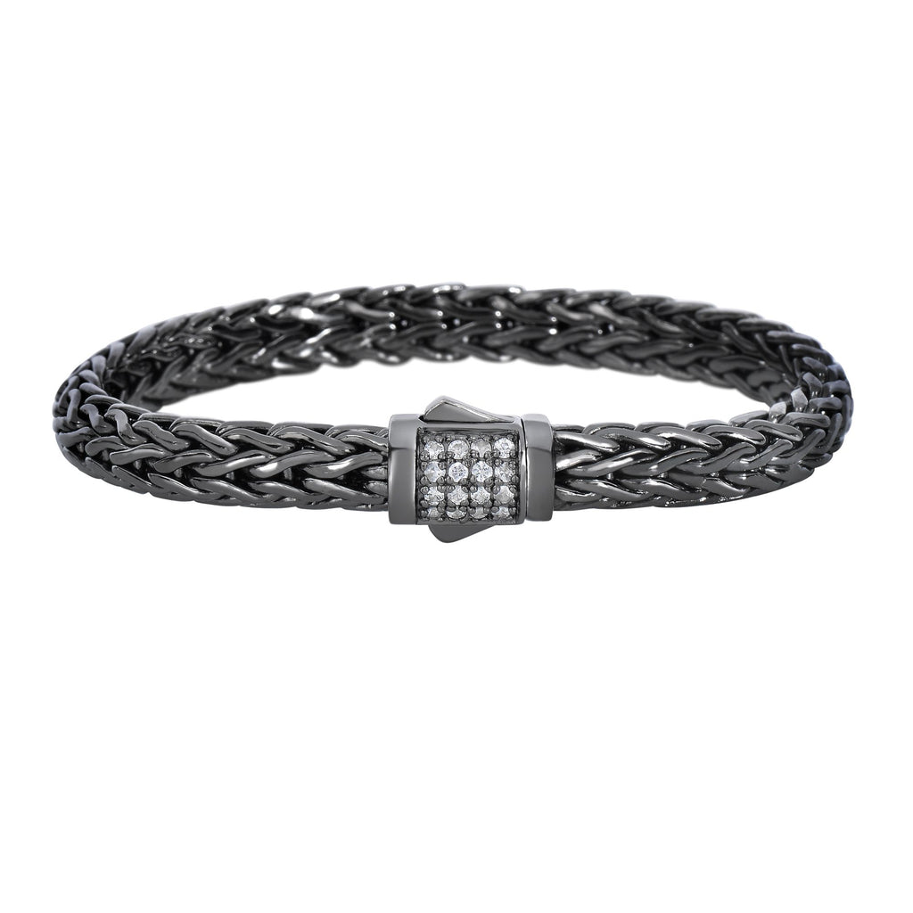Silver 7.5 inches Black Rhodium Finish Weave Bracelet with White Sapphire and Fancy Box Clasp