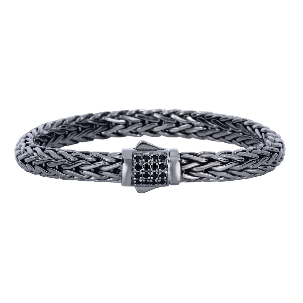 Silver 8.5 inches Black Rhodium Finish Weave Bracelet with Black Sapphire and Fancy Box Clasp