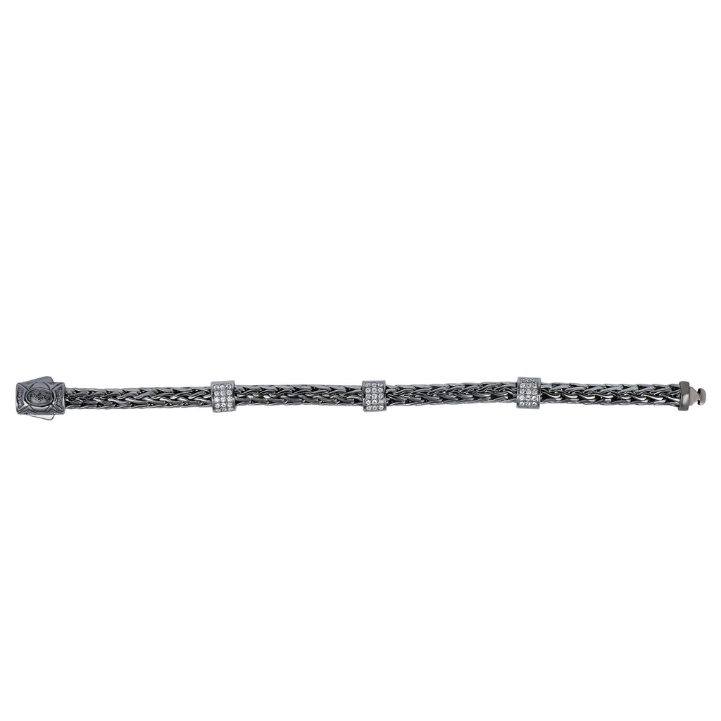 Silver 7.25 inches Black Rhodium Finish 5mm Domed Weave Bracelet with Fancy Box Clasp with 1.4mm White Sapphire