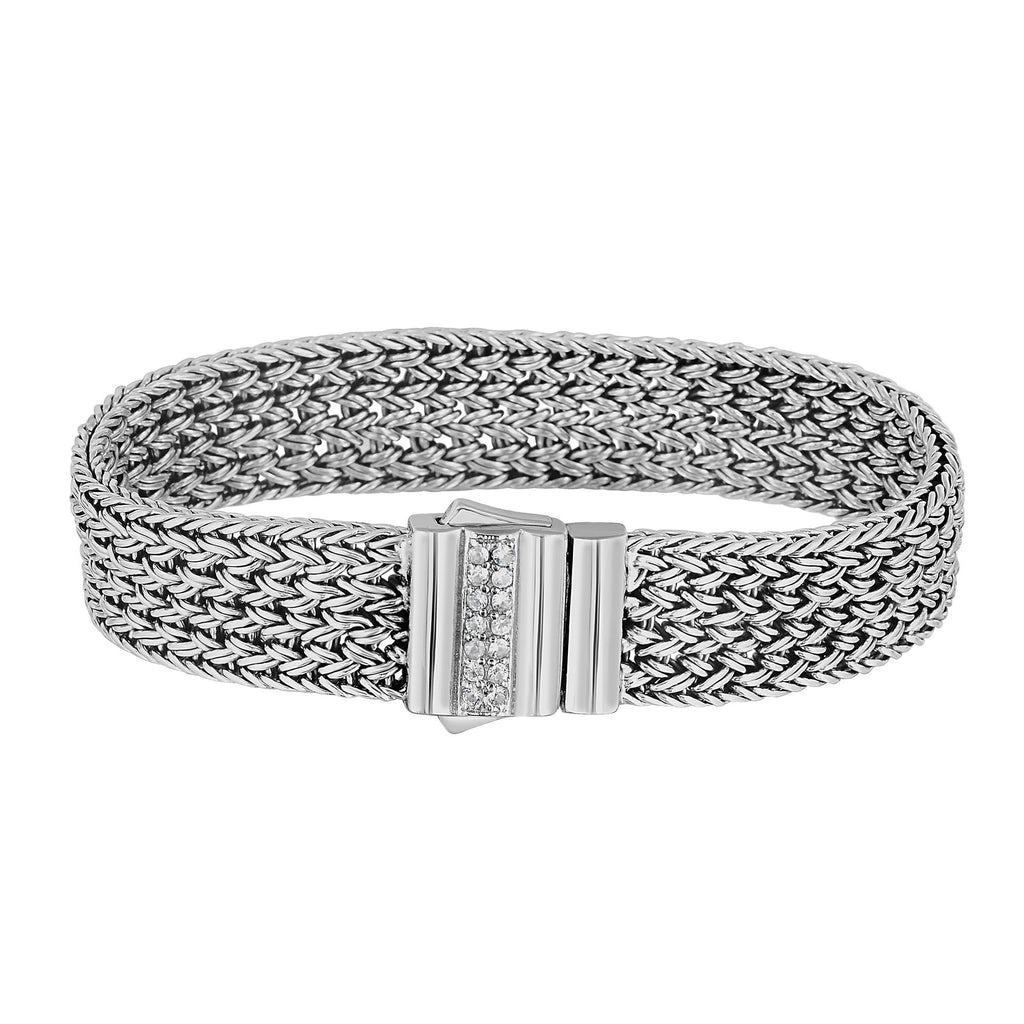 Silver 7.25 inches Rhodium Finish 15mm Shiny 1.8mm (0.322ct)Round Faceted White Sapphire Designer Woven Bracelet with Fancy Rectangle Box Clasp