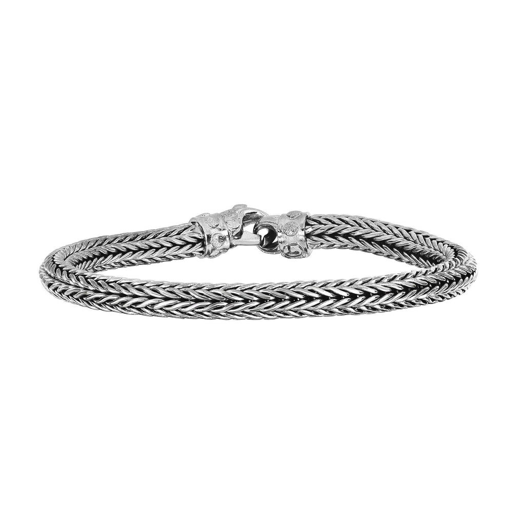 Silver 8.5 inches Rhodium Finish 6mm Shiny Designer Round Woven Bracelet with Fancy Lobster Clasp