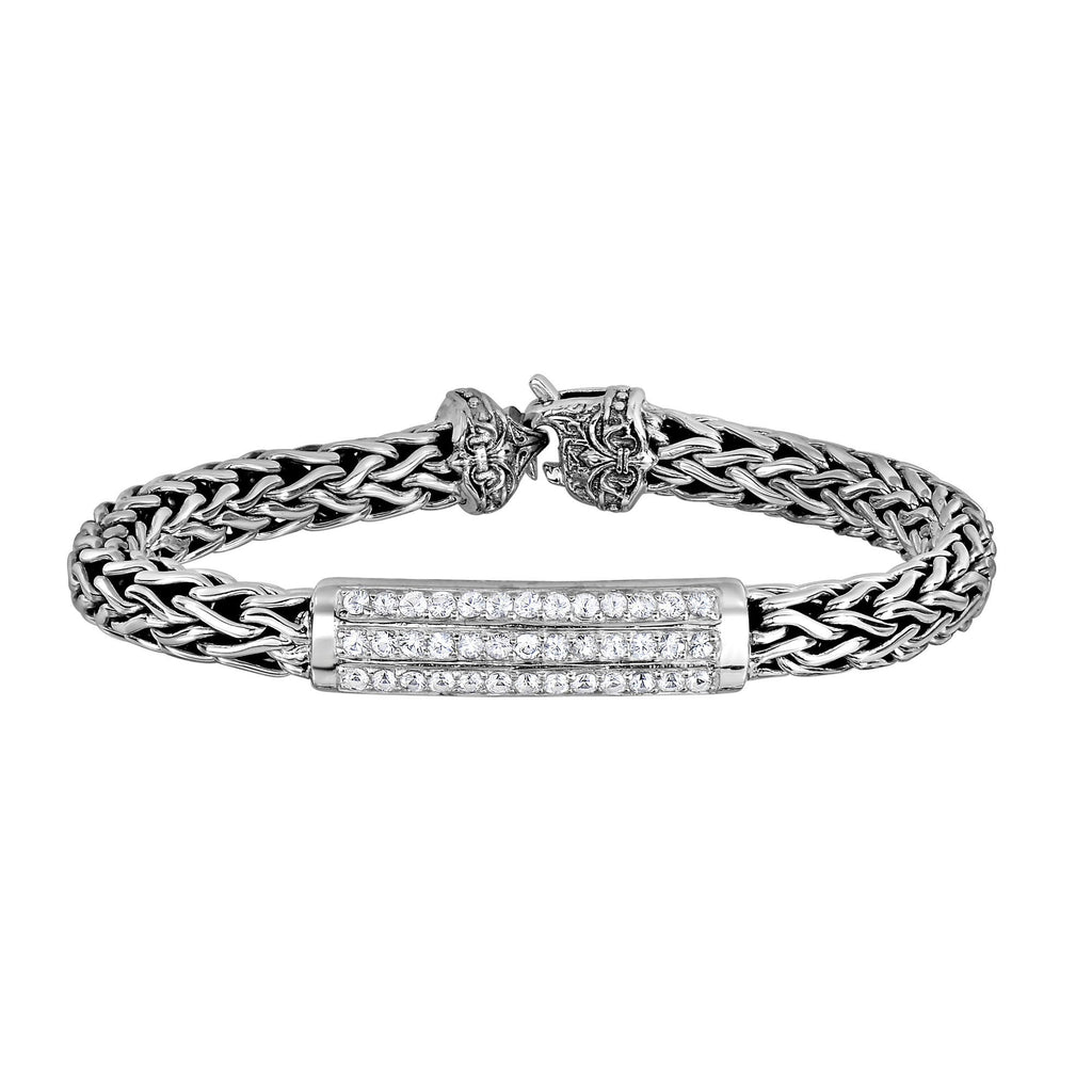 Silver 7.25 inches with Rhodium Finish 7mm Shiny Domed Woven Bracelet with Center Curve Bar with White Sapphire with Lobster Clasp