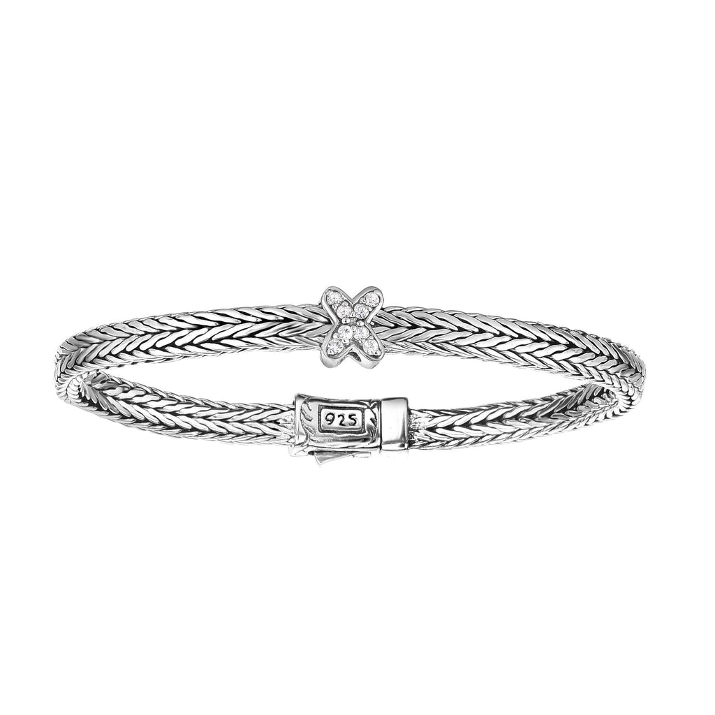 Silver 5.5 inches Rhodium Finish 3.5x2mm (0.084ct)R ound White Sapphire  inchesX inches Center Element on Rectangle Woven Bracelet with Fancy Box Clasp