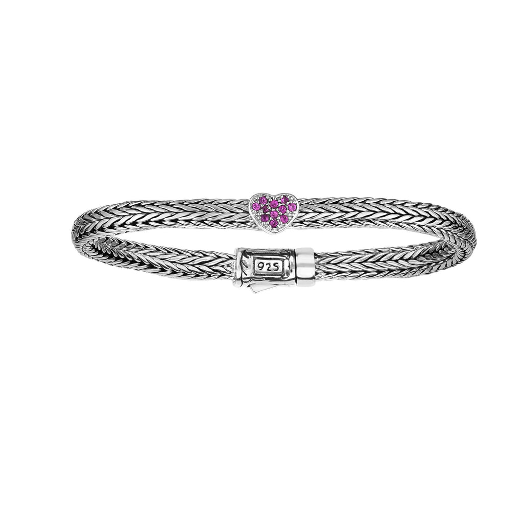 Silver 5.5 inches Rhodium Finish 3.5x2mm (0.094ct.) 1.1mm Round Pink Sapphire Center Heart Element on Rectangle Woven Bracelet with Fancy Box Clasp