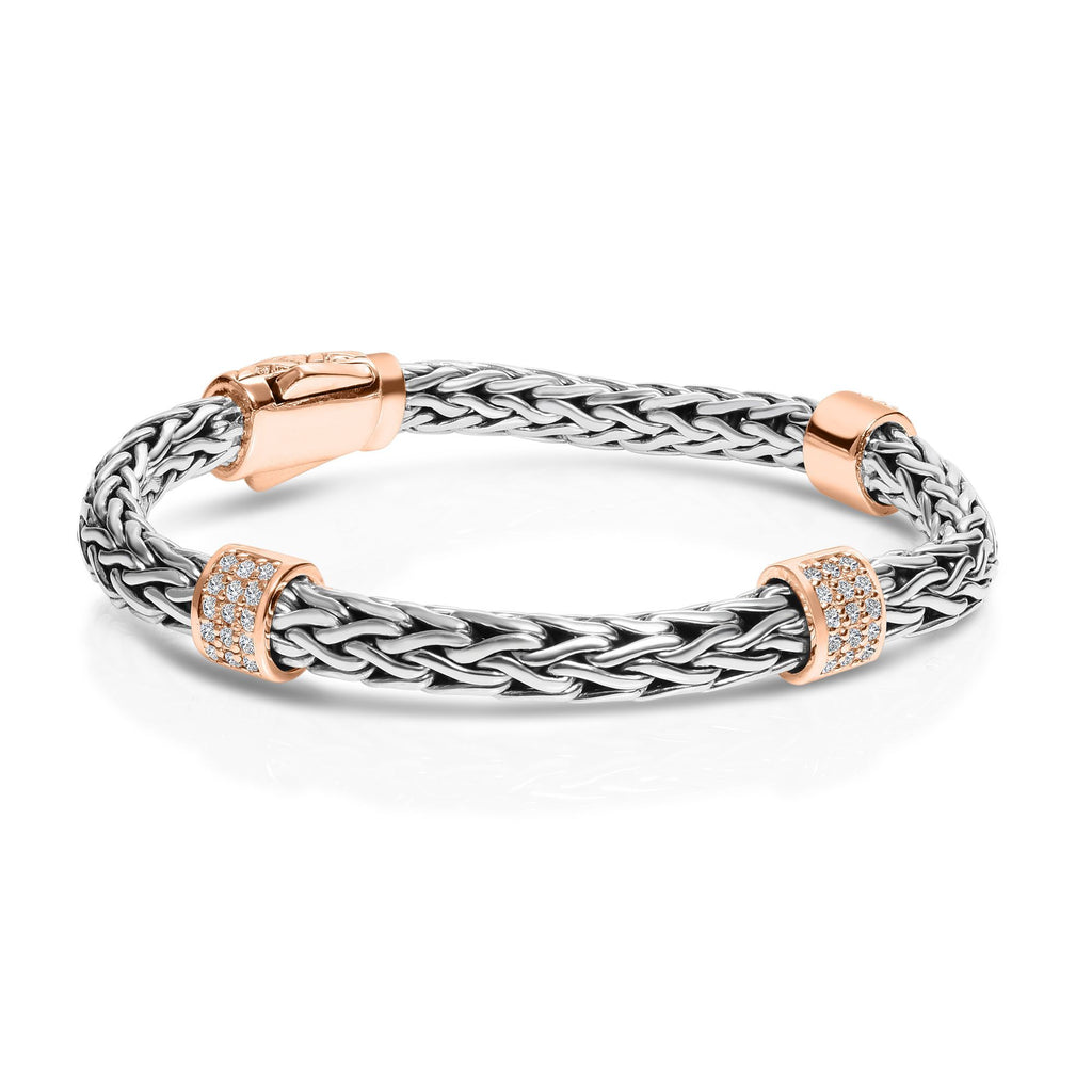 Sterling Silver 7.25 inches with Rose+Rhodium Finish 8.5mm Shiny Round Woven Bracelet with Box Clasp+0.7200ct 1.4mm Round White Sapphire