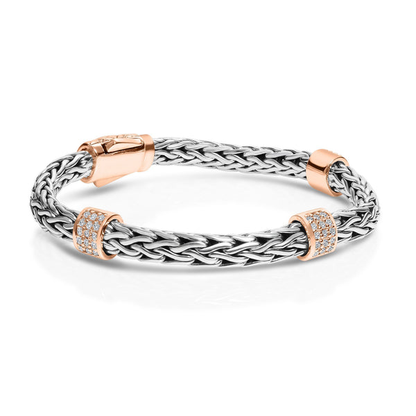 Sterling Silver 7.25 inches with Rose+Rhodium Finish 8.5mm Shiny Round Woven Bracelet with Box Clasp+0.7200ct 1.4mm Round White Sapphire