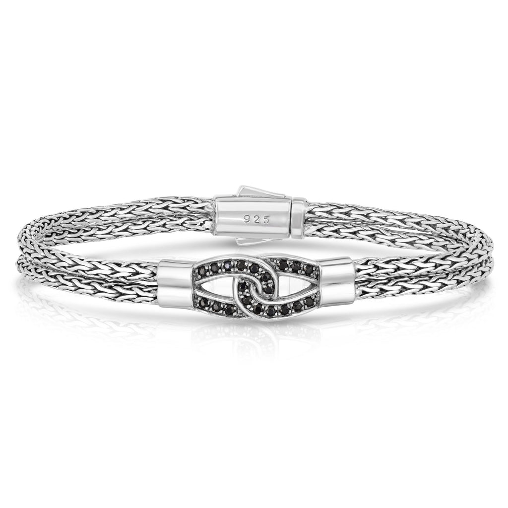Sterling Silver 7.25 inches with Rhodium Finish 6mm Woven Double Strand Sideways Infinity Bracelet with Box Clasp with 0.5400ct 1.70mm Round White Sapphire